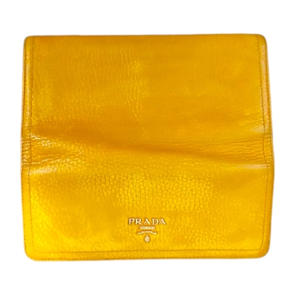 PRADA Mustard Yellow Pebbled Leather Bi Fold Wallet - Picture 11 of 11